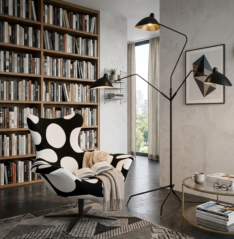 Nowoczesny kącik do czytania z designerskim fotelem obrotowym w biało-czarne wzory, wieloramienną czarną lampą podłogową i dużym regałem na książki